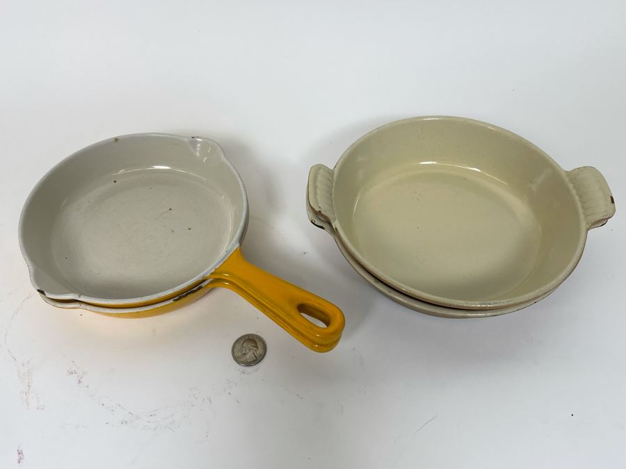 Pair Of Le Creuset Enameled Cast Iron 7.5' Pans 18 And Pair Of Le Creuset Enameled Cast Iron 7' Handled Pans 16 [Photo 3]