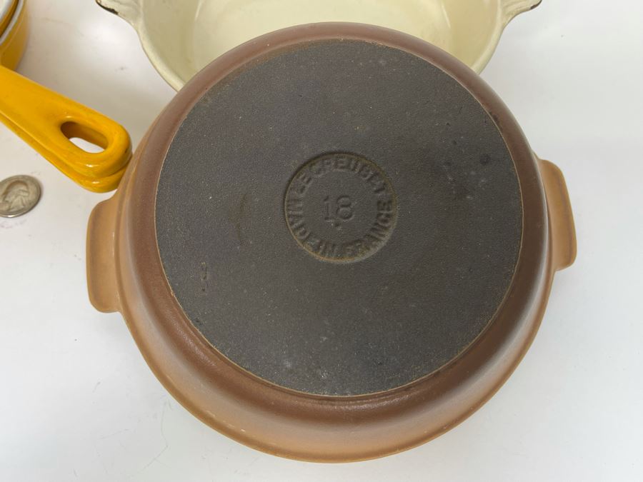 Pair Of Le Creuset Enameled Cast Iron 7.5' Pans 18 And Pair Of Le Creuset Enameled Cast Iron 7' Handled Pans 16 [Photo 5]