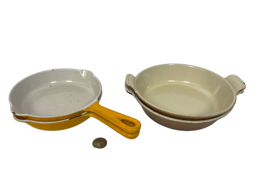 Pair Of Le Creuset Enameled Cast Iron 7.5' Pans 18 And Pair Of Le Creuset Enameled Cast Iron 7' Handled Pans 16