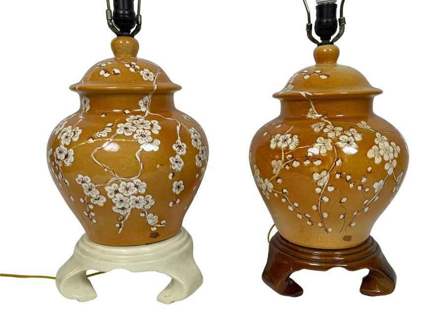Pair Of Ceramic Asian Influenced Table Lamps No Shades 10W X 26H