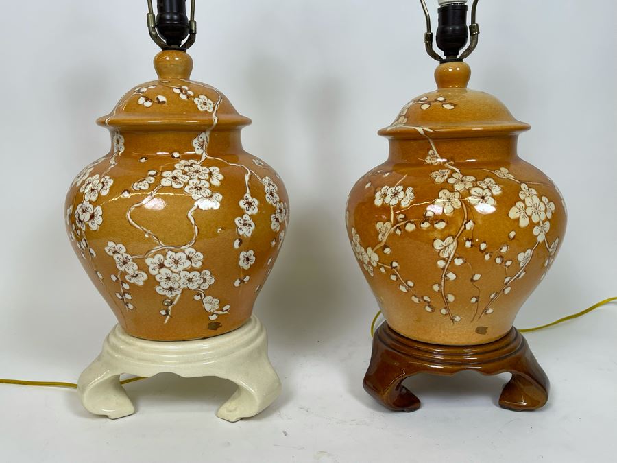 Pair Of Ceramic Asian Influenced Table Lamps No Shades 10W X 26H [Photo 3]