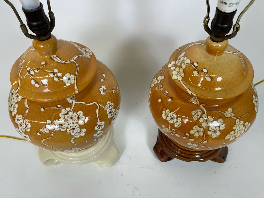 Pair Of Ceramic Asian Influenced Table Lamps No Shades 10W X 26H [Photo 6]