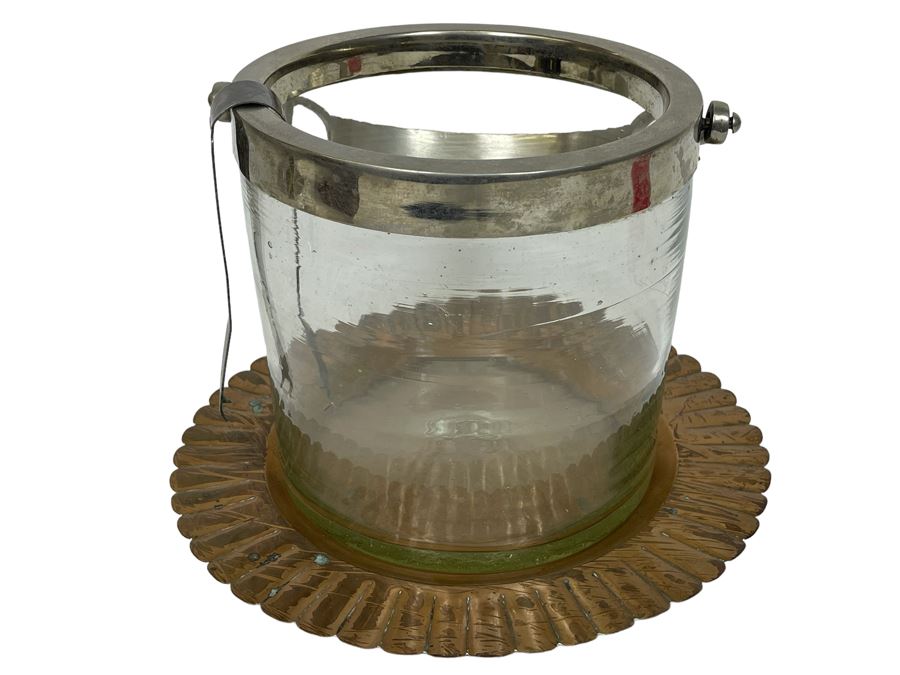 Glass And Metal Ice Bucket 7.5R X 7HWith Tongs And 11' Copper Plate