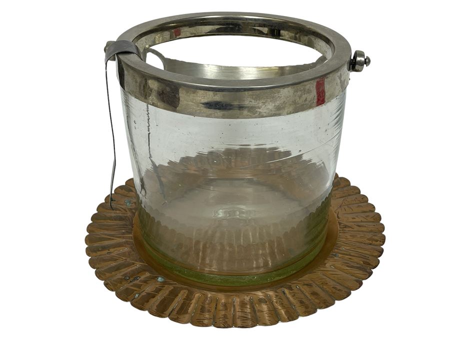 Glass And Metal Ice Bucket 7.5R X 7HWith Tongs And 11' Copper Plate [Photo 1]