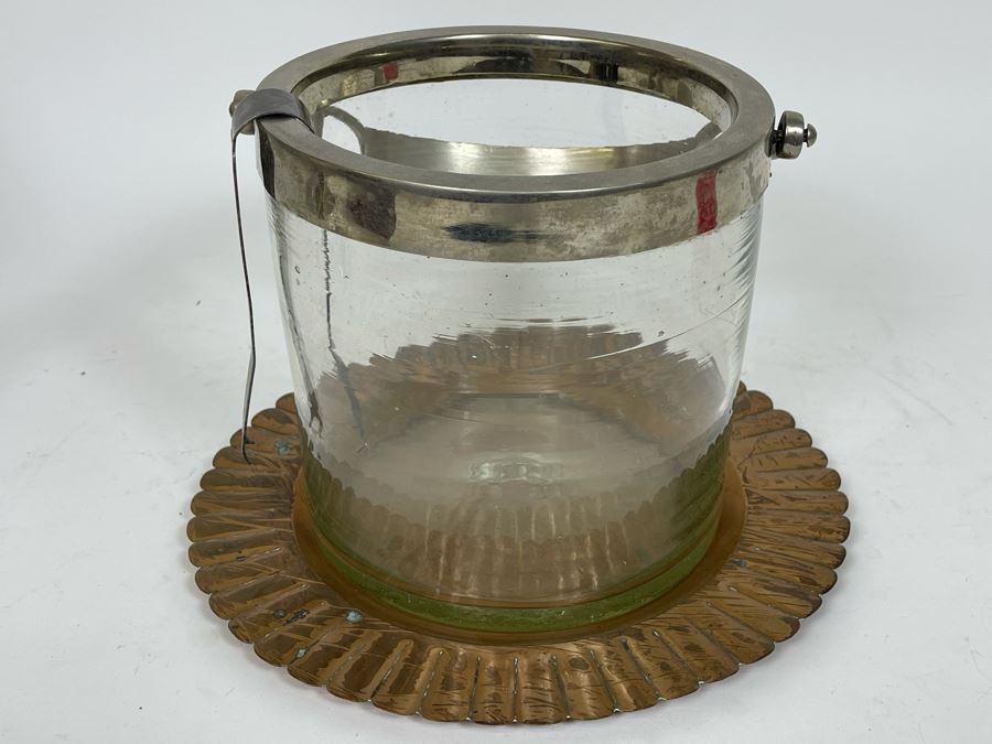 Glass And Metal Ice Bucket 7.5R X 7HWith Tongs And 11' Copper Plate [Photo 2]