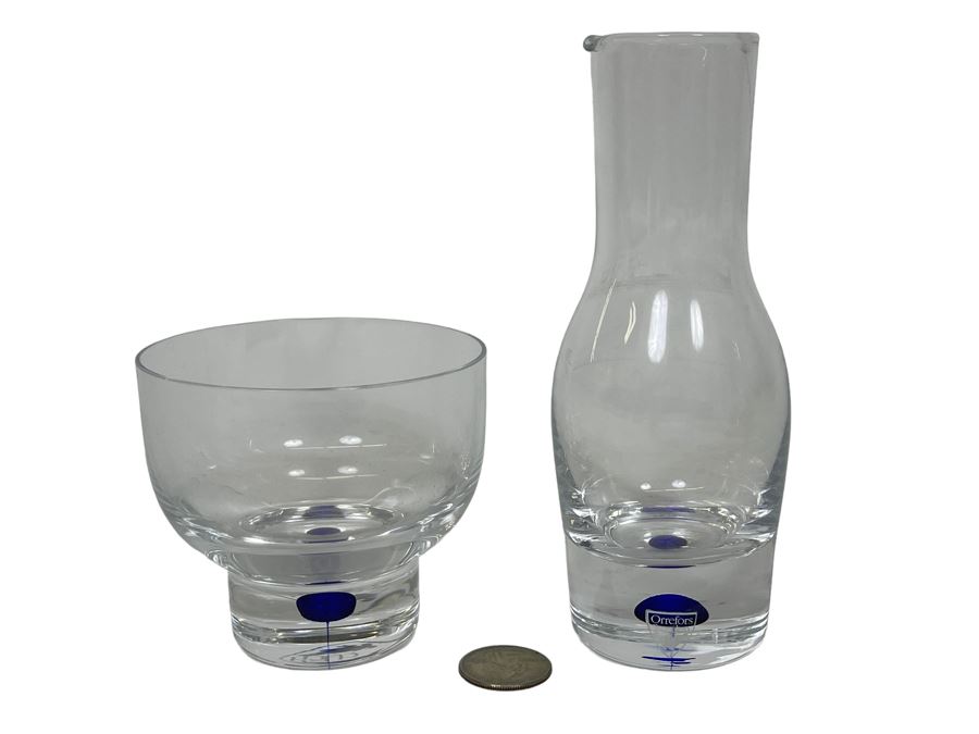 Orrefors Swedish Crystal Blue Carafe 6.5H And Glass 3.25H