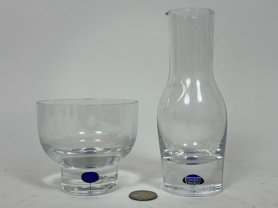 Orrefors Swedish Crystal Blue Carafe 6.5H And Glass 3.25H [Photo 5]