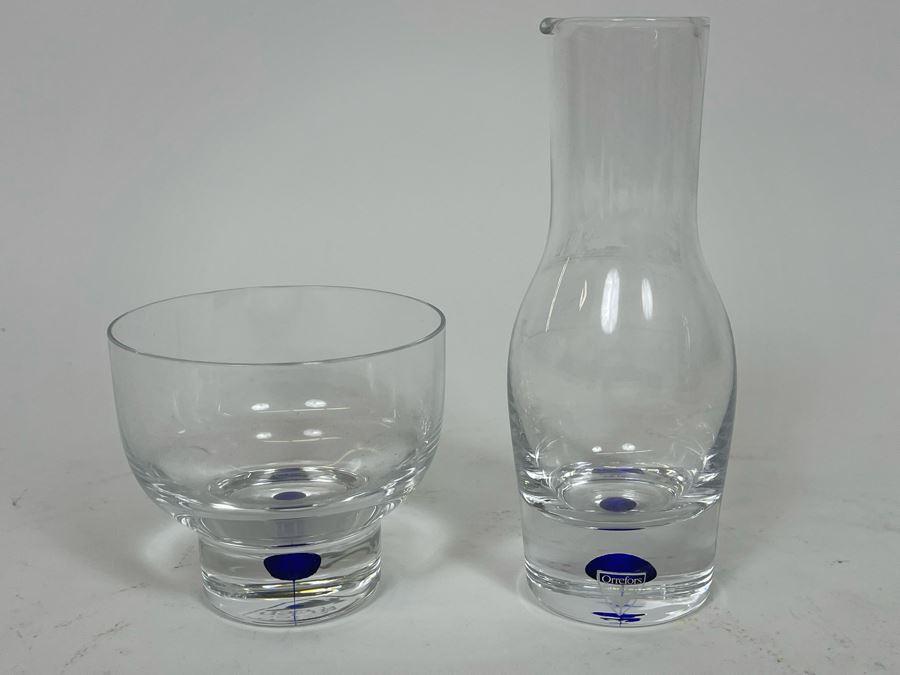 Orrefors Swedish Crystal Blue Carafe 6.5H And Glass 3.25H [Photo 3]