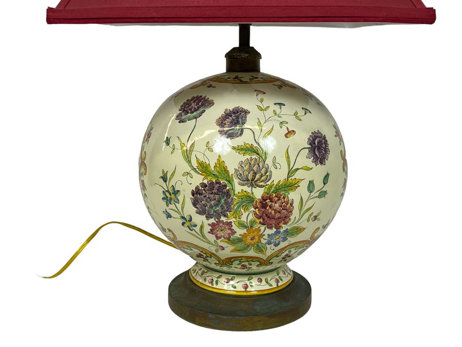 Vintage Handpainted Floral Table Lamp With Shade 22H