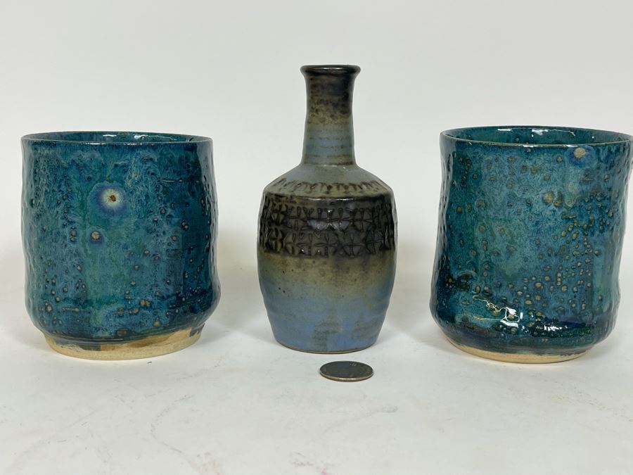 Mid-Century Glazed Pottery Cups 4.5H And Japanese Pottery Vase 5.75H [Photo 3]