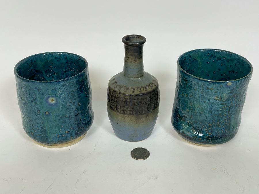 Mid-Century Glazed Pottery Cups 4.5H And Japanese Pottery Vase 5.75H [Photo 4]