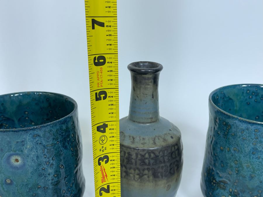 Mid-Century Glazed Pottery Cups 4.5H And Japanese Pottery Vase 5.75H [Photo 7]