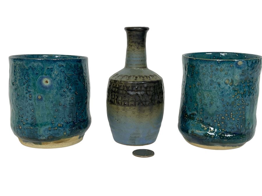 Mid-Century Glazed Pottery Cups 4.5H And Japanese Pottery Vase 5.75H [Photo 1]