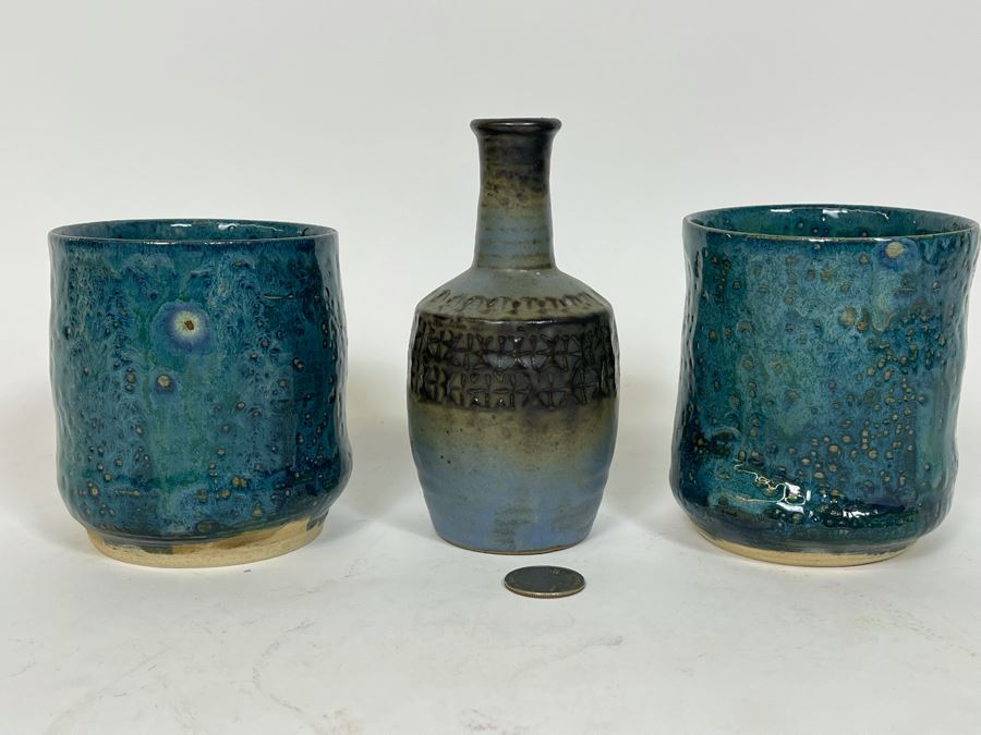 Mid-Century Glazed Pottery Cups 4.5H And Japanese Pottery Vase 5.75H [Photo 2]