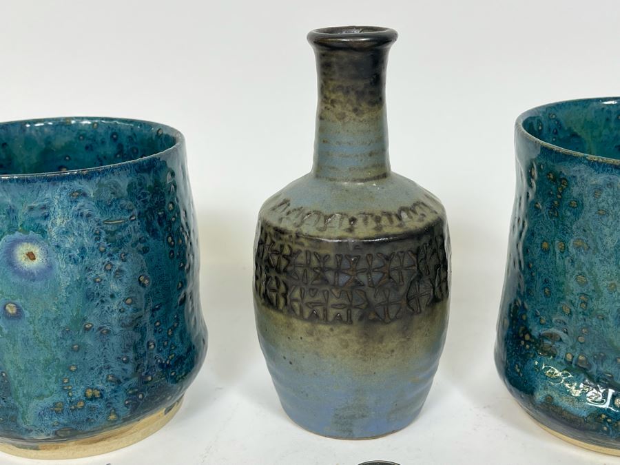 Mid-Century Glazed Pottery Cups 4.5H And Japanese Pottery Vase 5.75H [Photo 5]