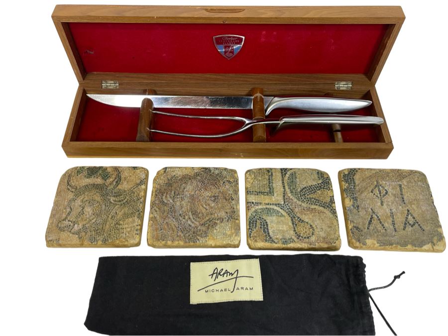 Gerber Legendary Blades Meat Carving Set And Set Of Four Michael Aram Coasters
