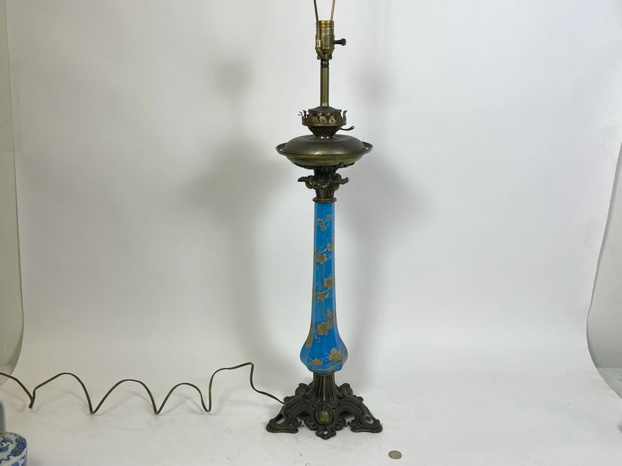 French Handpainted Blue Glass Electrified Kerosene Table Lamp No Shade 40H [Photo 5]