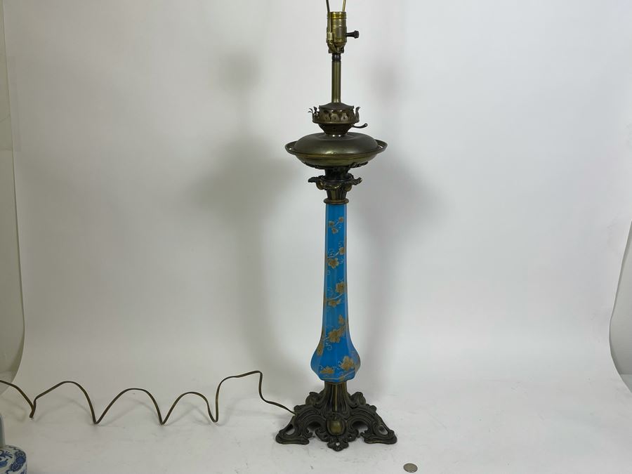 French Handpainted Blue Glass Electrified Kerosene Table Lamp No Shade 40H [Photo 4]