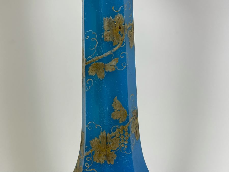 French Handpainted Blue Glass Electrified Kerosene Table Lamp No Shade 40H [Photo 7]