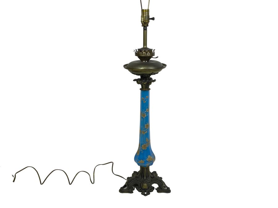 French Handpainted Blue Glass Electrified Kerosene Table Lamp No Shade 40H [Photo 2]