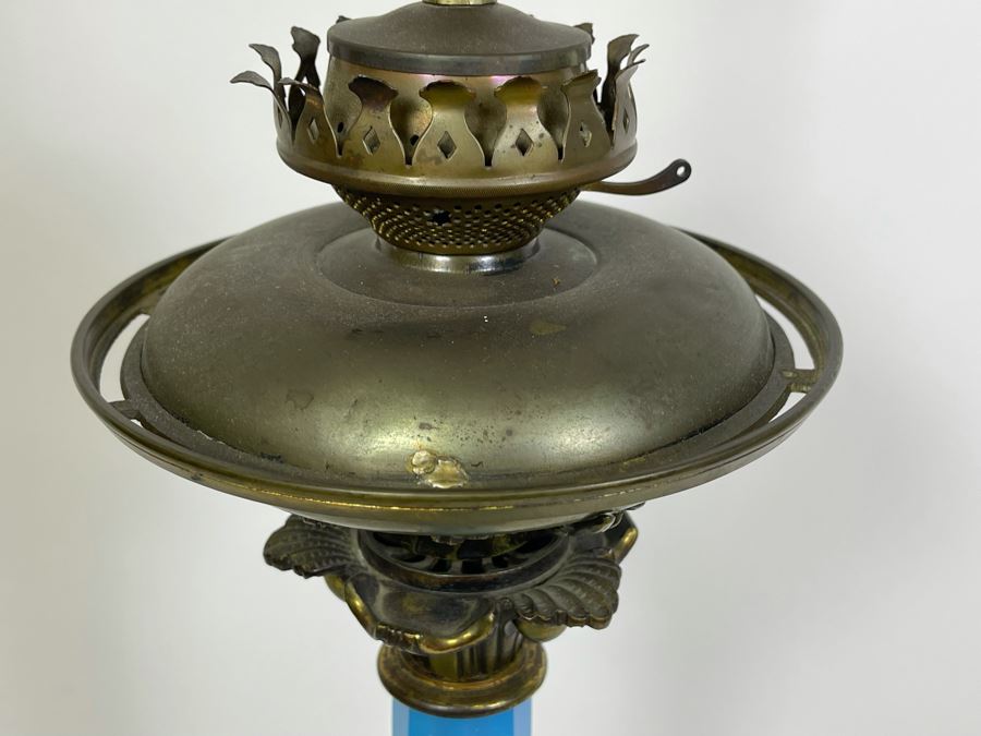 French Handpainted Blue Glass Electrified Kerosene Table Lamp No Shade 40H [Photo 8]