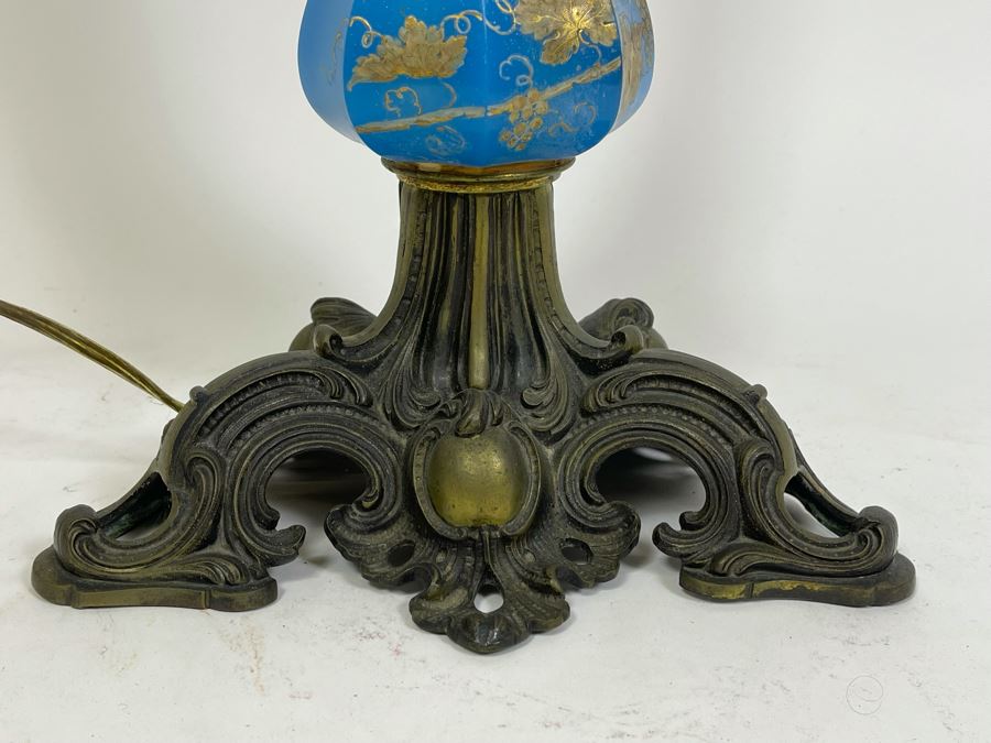 French Handpainted Blue Glass Electrified Kerosene Table Lamp No Shade 40H [Photo 9]