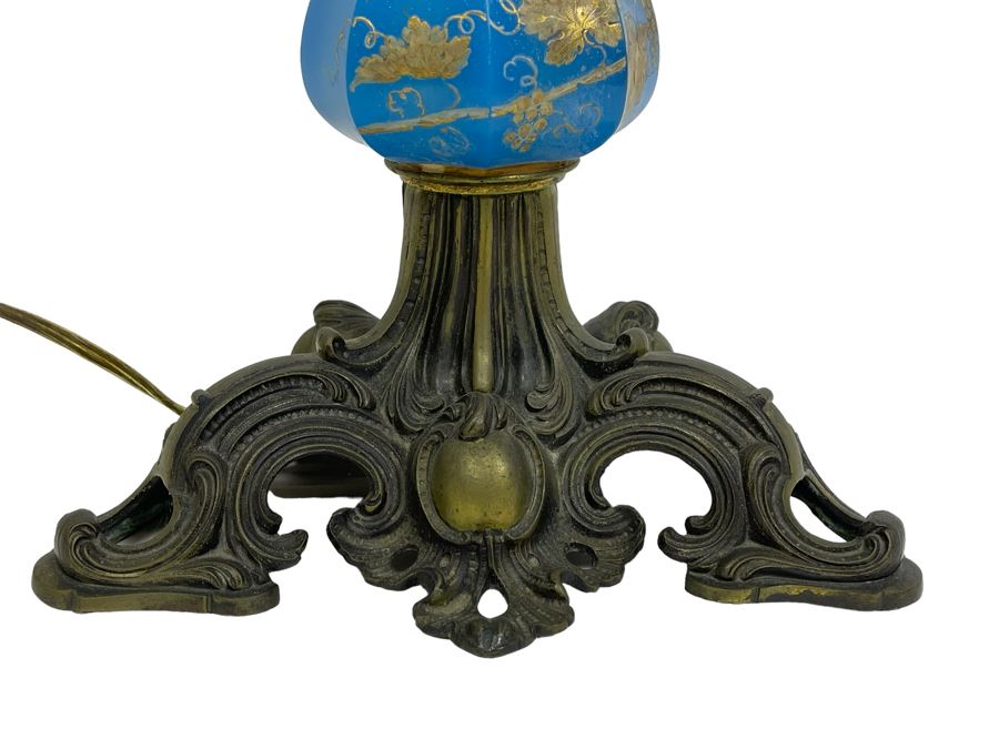 French Handpainted Blue Glass Electrified Kerosene Table Lamp No Shade 40H [Photo 3]