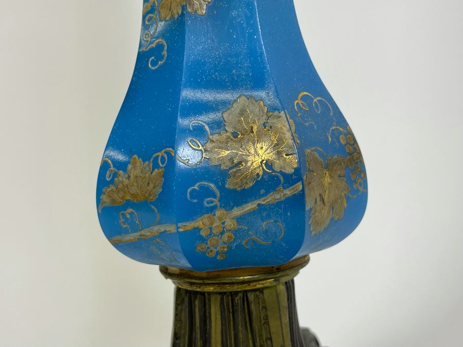 French Handpainted Blue Glass Electrified Kerosene Table Lamp No Shade 40H [Photo 6]