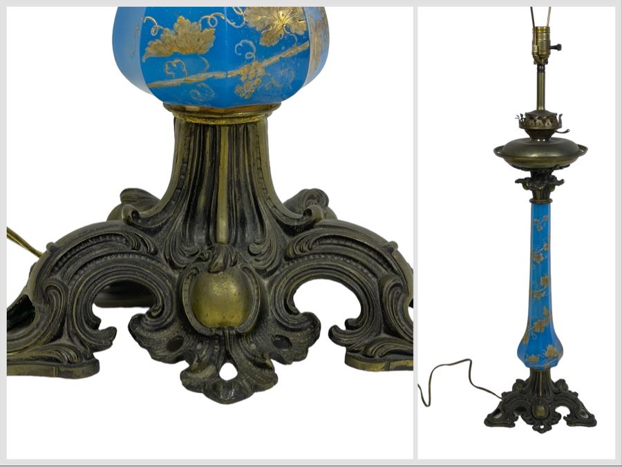 French Handpainted Blue Glass Electrified Kerosene Table Lamp No Shade 40H
