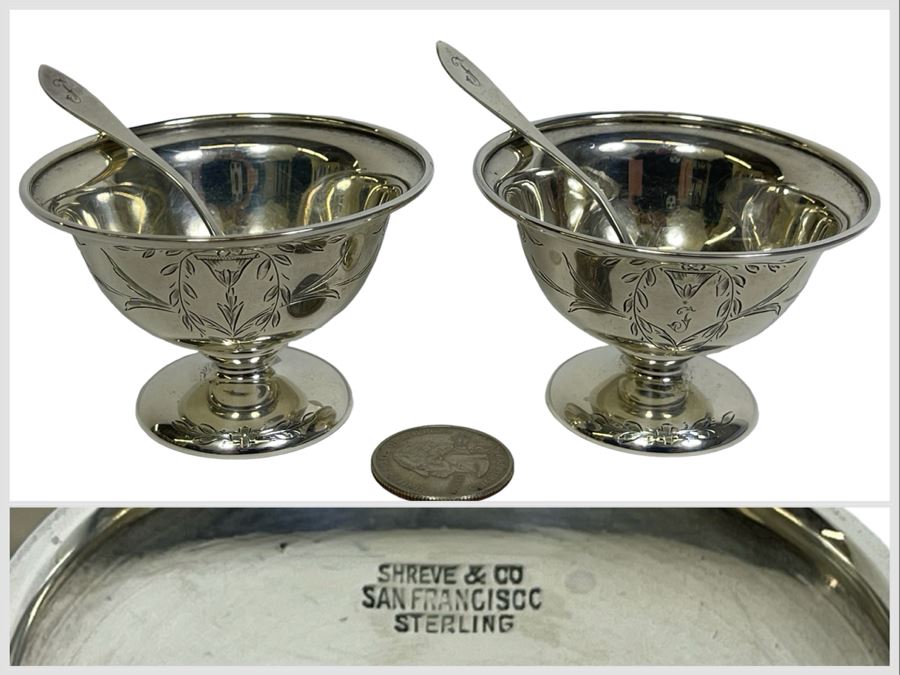 Pair Of Shreve & Co San Franciso Sterling Silver Salt Cellars With Spoons 2.75W X 1.75H 75g [Photo 1]