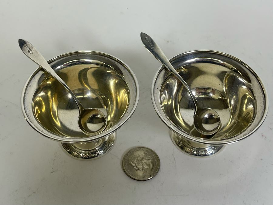 Pair Of Shreve & Co San Franciso Sterling Silver Salt Cellars With Spoons 2.75W X 1.75H 75g [Photo 5]