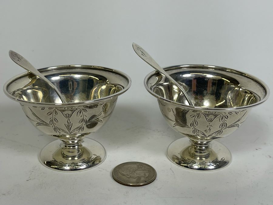 Pair Of Shreve & Co San Franciso Sterling Silver Salt Cellars With Spoons 2.75W X 1.75H 75g [Photo 4]
