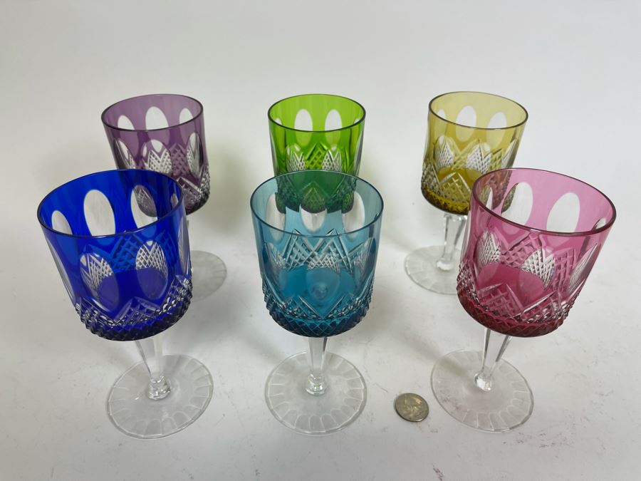 Six Bohemian Colored Cut Crystal Wine Glasses 7.5H [Photo 4]