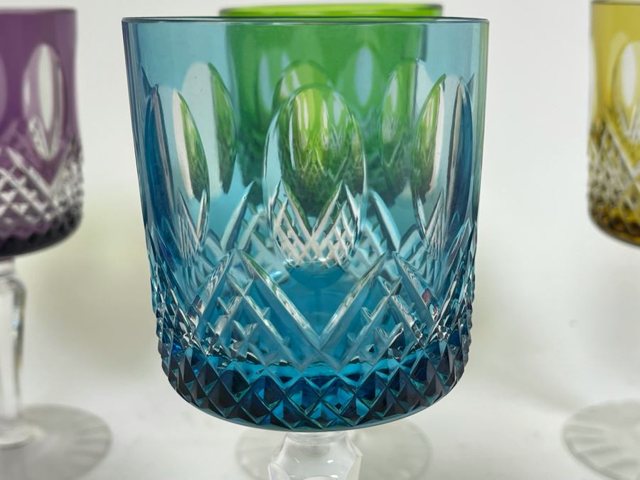 Six Bohemian Colored Cut Crystal Wine Glasses 7.5H