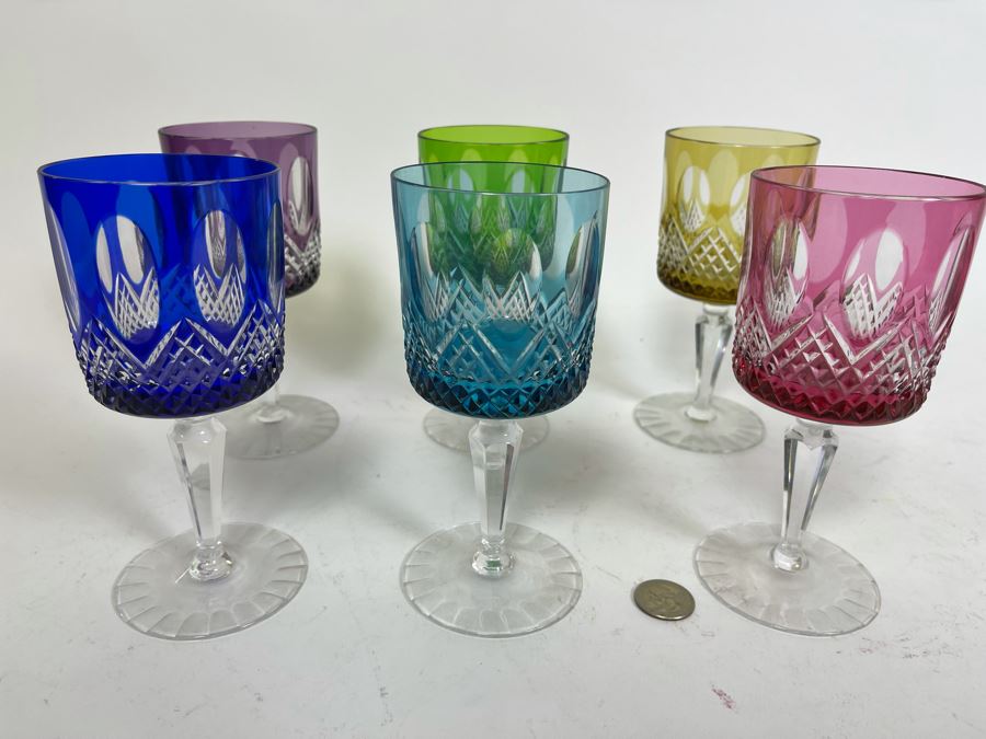 Six Bohemian Colored Cut Crystal Wine Glasses 7.5H [Photo 5]