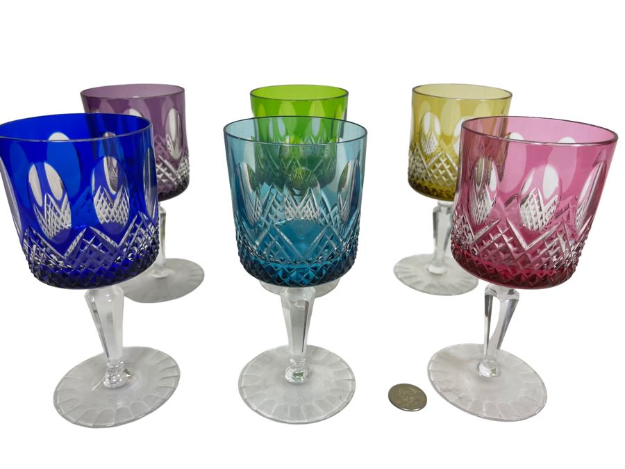 Six Bohemian Colored Cut Crystal Wine Glasses 7.5H