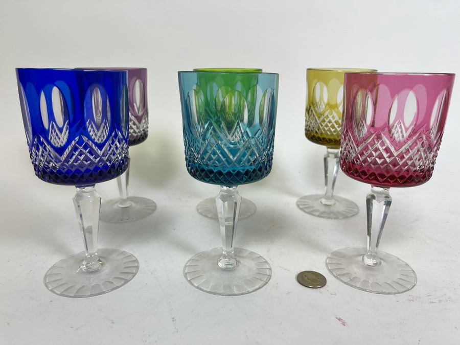 Six Bohemian Colored Cut Crystal Wine Glasses 7.5H [Photo 3]