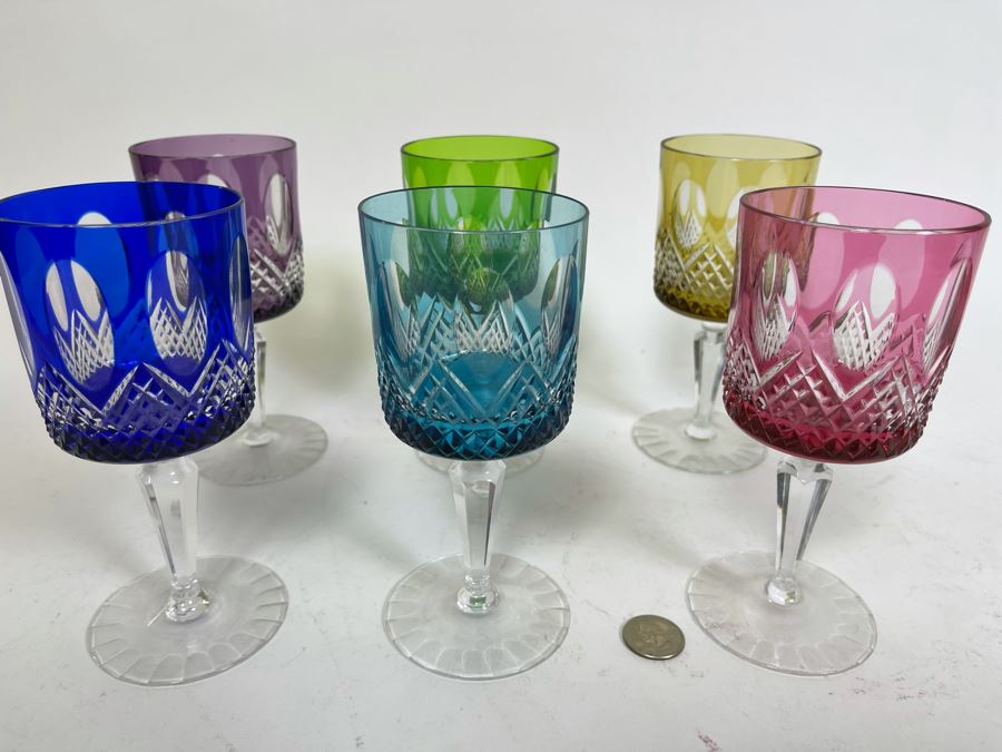 Six Bohemian Colored Cut Crystal Wine Glasses 7.5H [Photo 2]