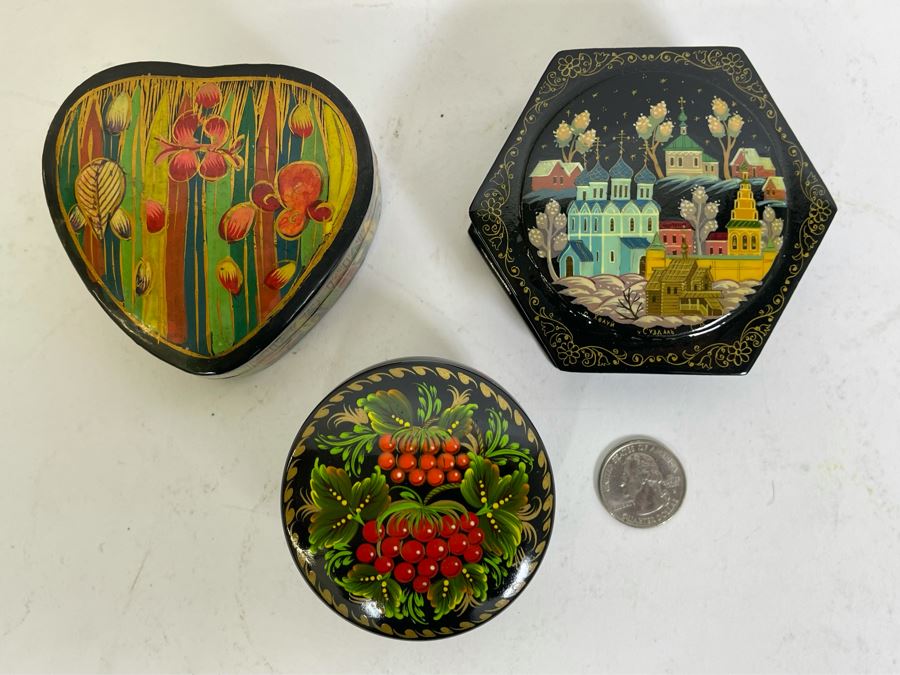 (3) Handpainted Russian / Ukraine Lacquer Boxes [Photo 3]