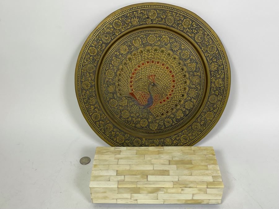 Etched Brass Plate With Peacock Design From India 13.5R And Mosiac Bone Box 9.75W X 4.5D X 2H [Photo 4]