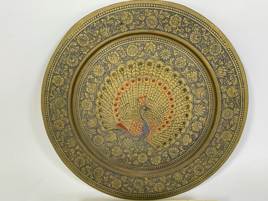 Etched Brass Plate With Peacock Design From India 13.5R And Mosiac Bone Box 9.75W X 4.5D X 2H [Photo 5]