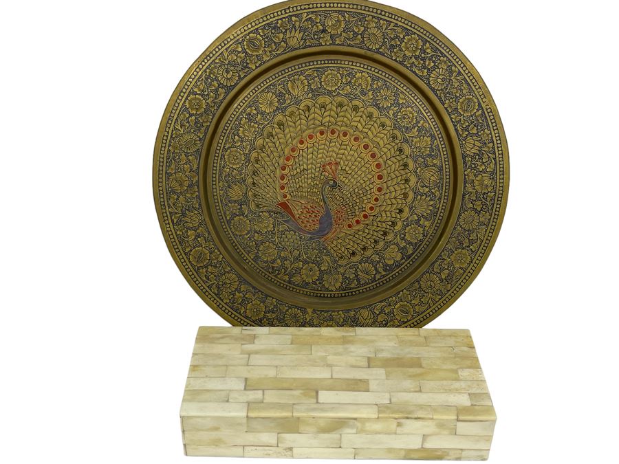 Etched Brass Plate With Peacock Design From India 13.5R And Mosiac Bone Box 9.75W X 4.5D X 2H [Photo 1]