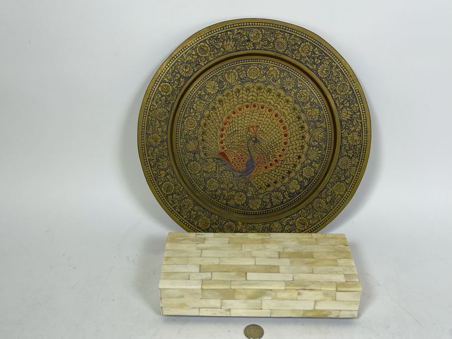 Etched Brass Plate With Peacock Design From India 13.5R And Mosiac Bone Box 9.75W X 4.5D X 2H [Photo 3]