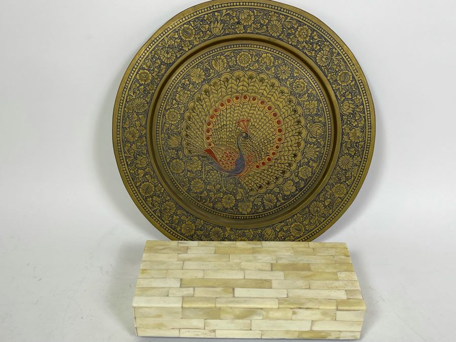 Etched Brass Plate With Peacock Design From India 13.5R And Mosiac Bone Box 9.75W X 4.5D X 2H [Photo 2]