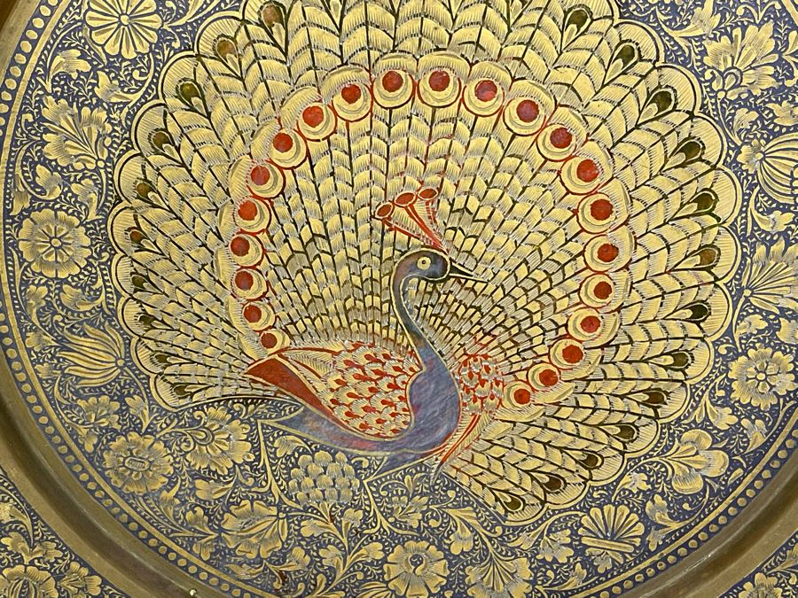 Etched Brass Plate With Peacock Design From India 13.5R And Mosiac Bone Box 9.75W X 4.5D X 2H [Photo 6]