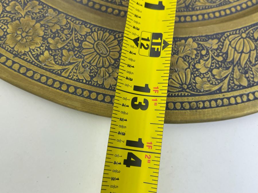 Etched Brass Plate With Peacock Design From India 13.5R And Mosiac Bone Box 9.75W X 4.5D X 2H [Photo 9]