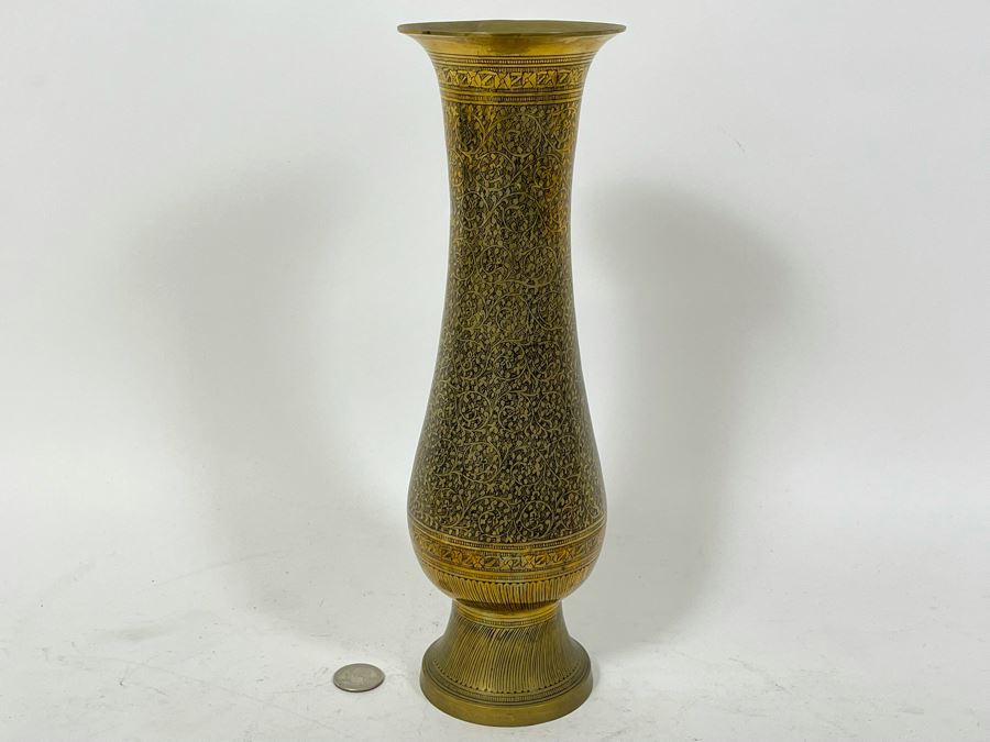 Detailed Etched Brass Vase 12H