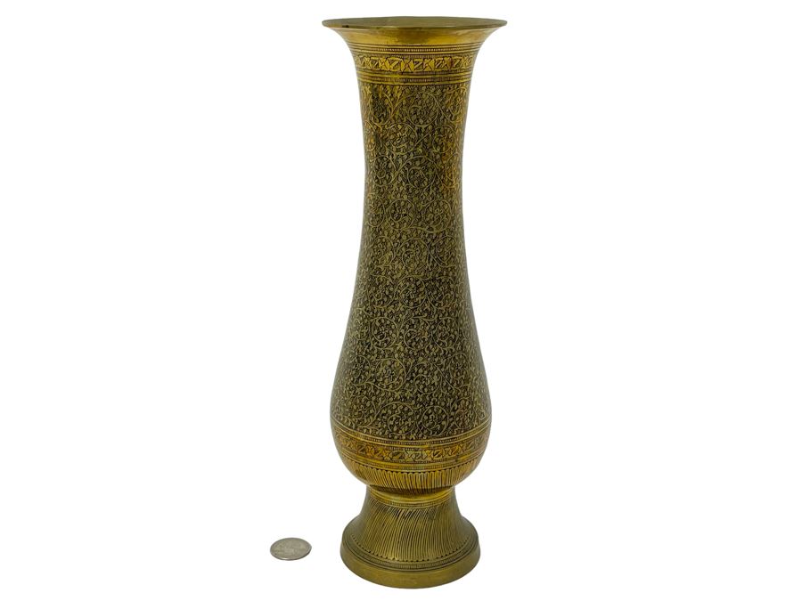 Detailed Etched Brass Vase 12H