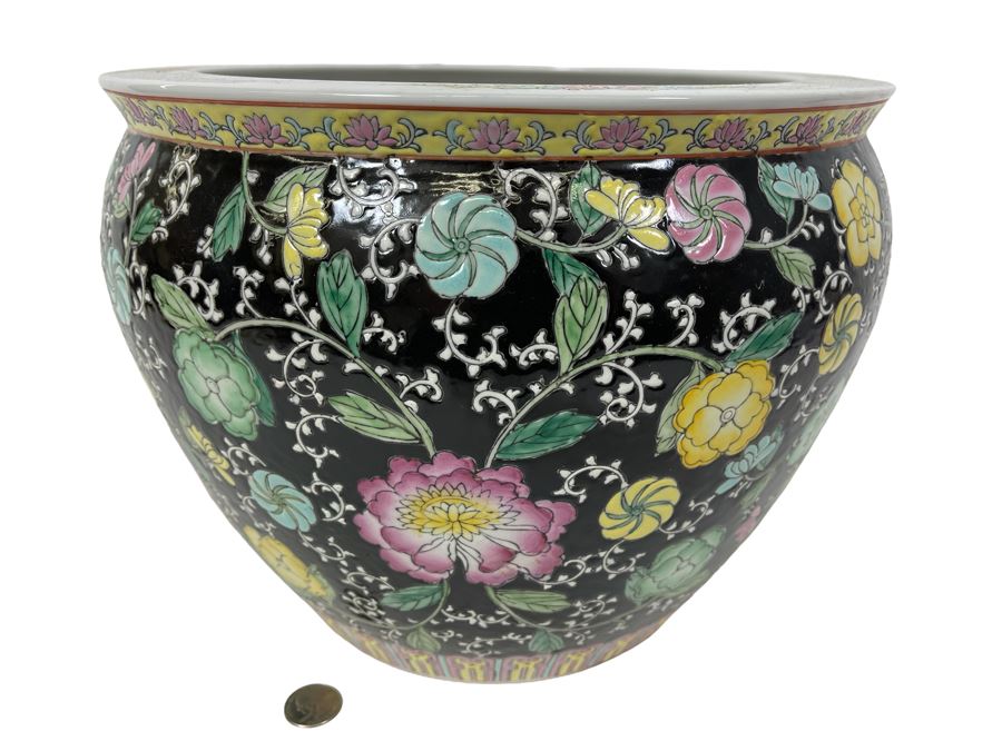 Vintage Chinese Porcelain Hand Painted Flower Pot Planter Fishbowl 12.5W X 10H