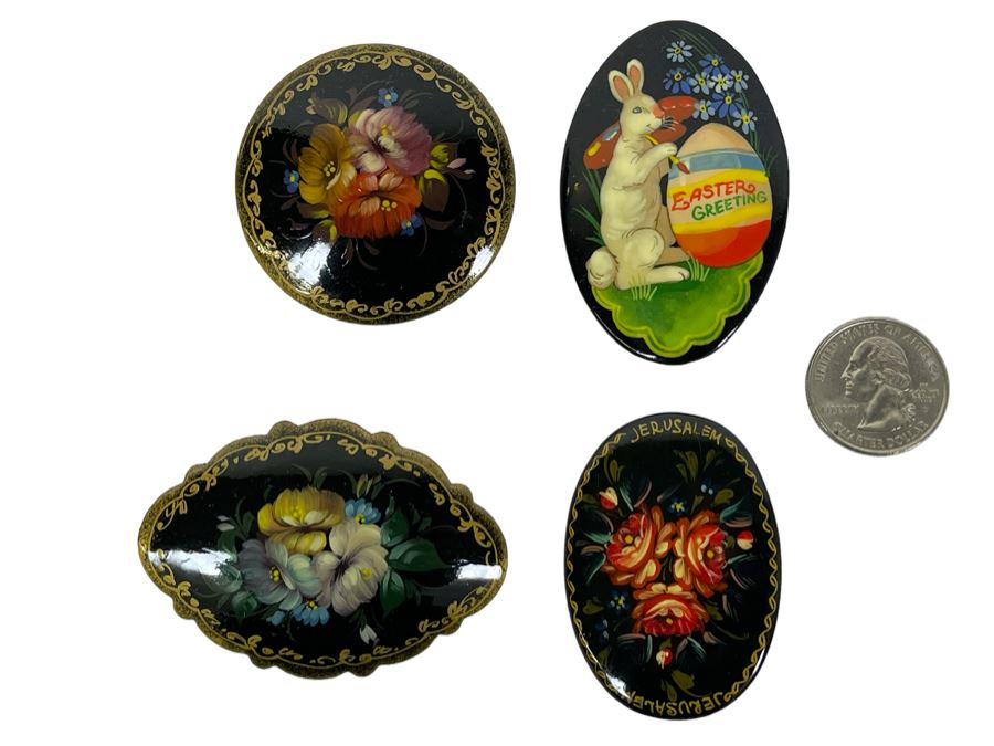 Collection Of Four Hand Painted Lacquer Pins Brooches From Russia